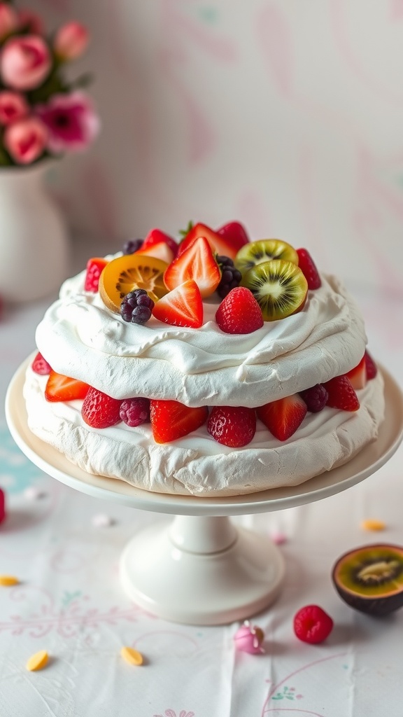 Light and Crispy 8 Egg White Pavlova A beautifully crafted pavlova topped with whipped cream and fresh fruit on a decorative stand.